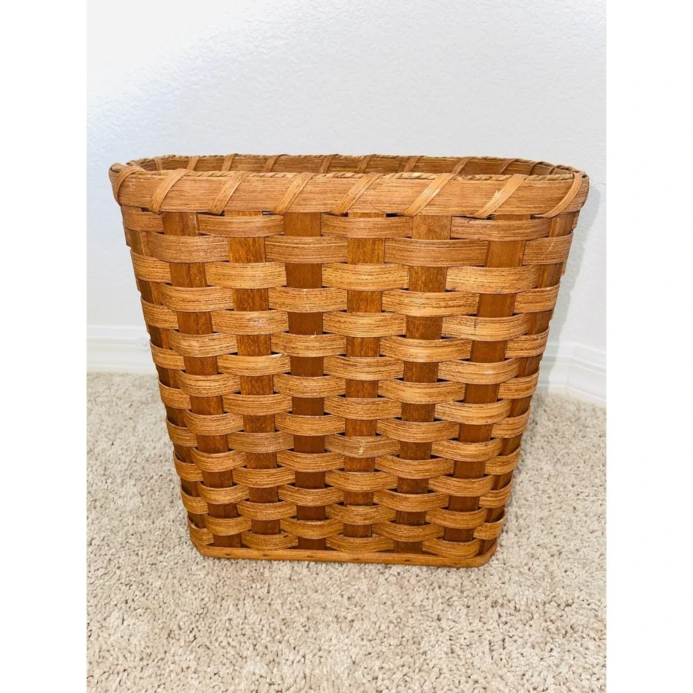 VTG Amish Hand Woven Basket Signed Orville J Gingerich Wastebasket Trash Bin